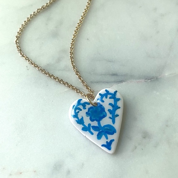 Handmade Hand painted Polymer Clay Heart Pendant Necklace - Picture 3 of 4